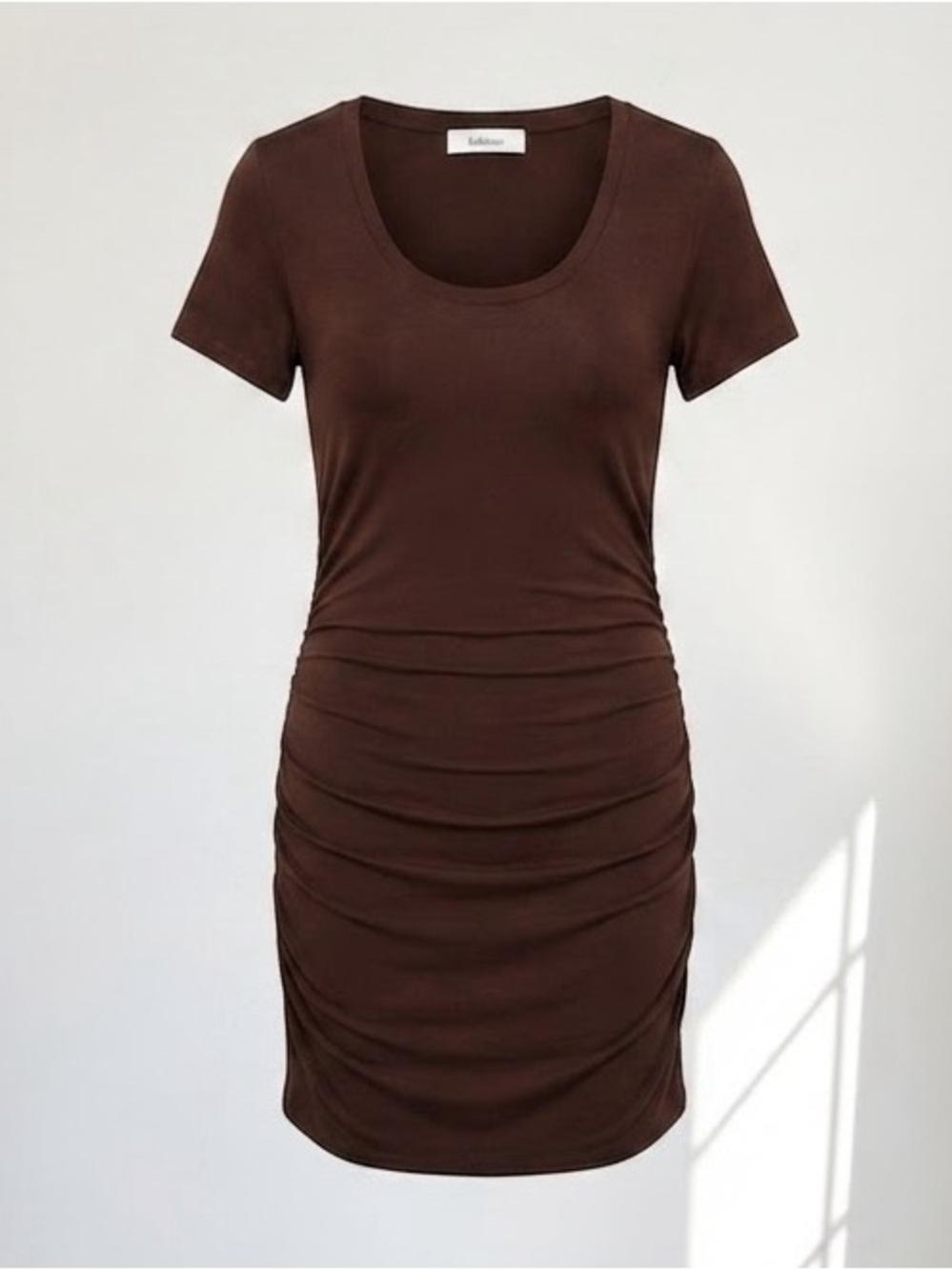 Babaton by Aritzia Chocolate Brown Ruched Short Sleeve Covet Mini Dress Size L